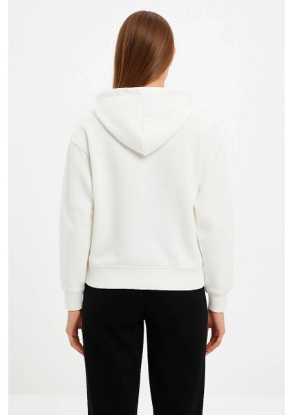 Kadın Oversize Kapüşonlu Sweatshirt Hoodie 3 Iplik Şardonlu Pamuklu Kumaş, Önü Baskılı, Fermuarlı Rahat Kalıp, Kışlık ve Sokak Stili Sweat - Beyaz fırsatları