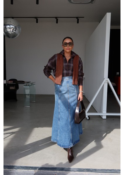 Yandan Fermuarlı Konstrat Dikişli Uzun Denim Etek fiyatları