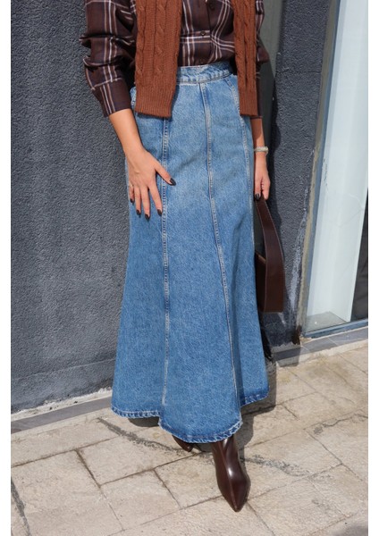 Yandan Fermuarlı Konstrat Dikişli Uzun Denim Etek modelleri