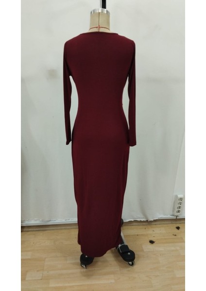 Kadın Uzun Kollu Önden Çapraz Detaylı Yandan Toka Detaylı Uzun Sandy Elbise