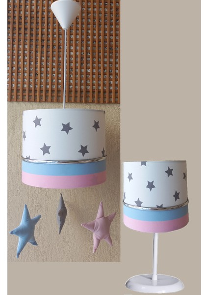Beyaz Pembe Mavi M-0387 Sarkıtlı Yıldızlı Kumaş Kaplama 2.li Set Çocuk Odası Bebek Odası Avize ve Abajur