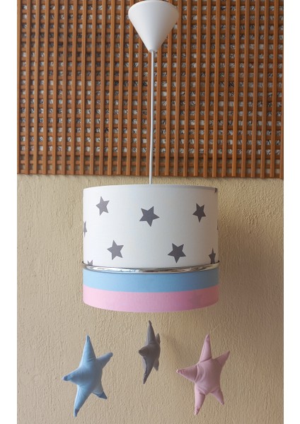 Beyaz Pembe Mavi M-0387 Sarkıtlı Yıldızlı Kumaş Kaplama 2.li Set Çocuk Odası Bebek Odası Avize ve Abajur fiyatları