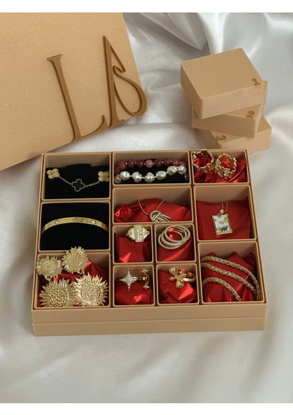 12’li Advent Calender Hediye Seti - 12 Adet Gold Renk Çelik Takı - Bej Renk Hediye Kutusu modelleri