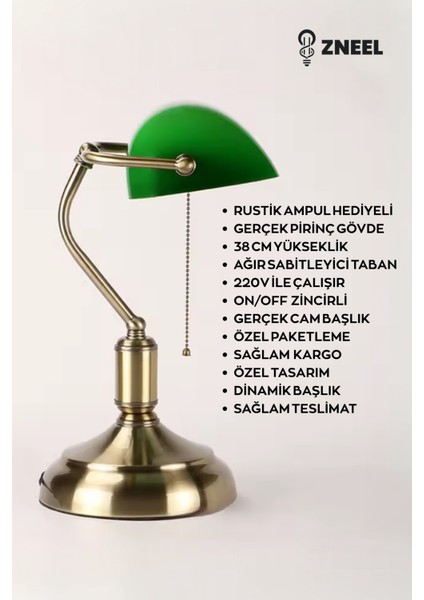 Cam Başlıklı Gerçek Pirinç Gövdeli Bankers Masa Lambası – Dinamik Oynar Başlık, Sağlam Taban. modelleri