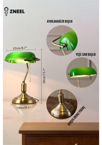 Cam Başlıklı Gerçek Pirinç Gövdeli Bankers Masa Lambası – Dinamik Oynar Başlık, Sağlam Taban. fırsatları