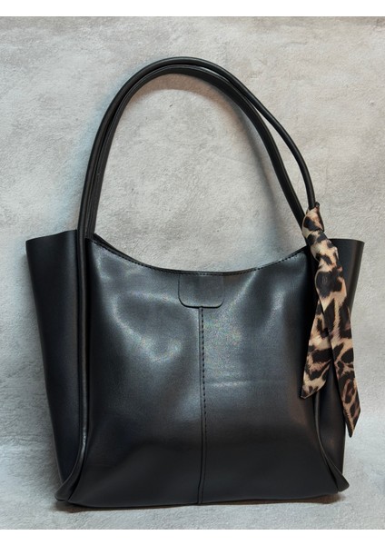 Siyah Suni Deri Omuz Askılı Fular Hediyeli Fermuarlı Büyük Boy Kadın Çanta