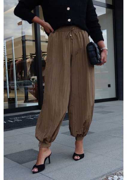 Beli Bağcıklı Kırışık Kumaş Şalvar Pantolon modelleri