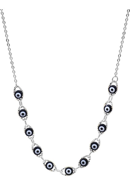 Gümüş Renk Metal Zincirli Lacivert Mineli Nazar Boncuğu Detaylı Kadın Kolye