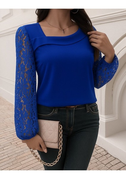Kadın Uzun Kollu Asimetrik Yakalı Dantelli Ithal Krep Bluz fırsatları