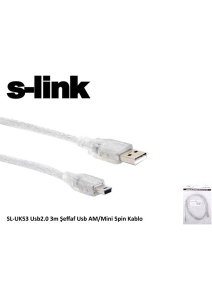 SL-UK53 Usb2.0 3 Metre Şeffaf USB Am/mini 5pin Kablo
