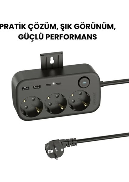Akım Korumalı Priz 2 USB + 2 Type-C Girişli 2 Metre Kablosu Anahtarlı ve Duvara Monte Edilebilir indirimleri