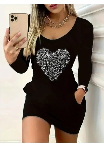Kadın Uzun Kollu Yuvarlak Yaka Taşlı Kalp Desenli Viskon Iki Iplik Elbise modelleri