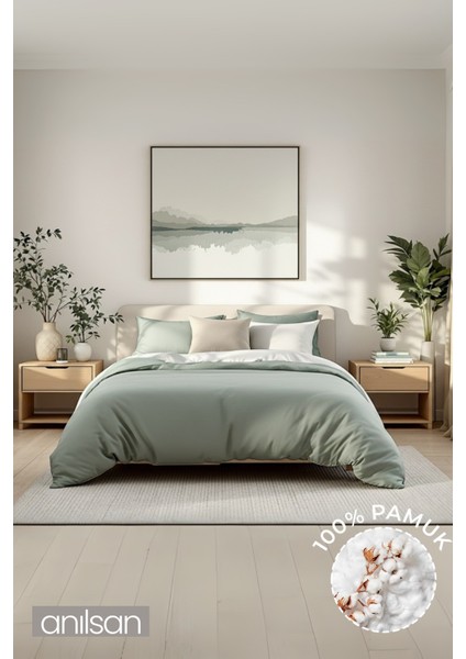 Düz Mint Yeşili King Lastikli Çarşaf Düğmeli Ranforce Nevresim Takım %100 Pamuk 2 Adet Yastık Kılıf