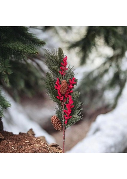 Yapay Çiçek Kokina ve Çam Dalı Uzun Dal Kozalaklı 75CM Yılbaşı Çiçeği Pıtırcıklı (1 Adet)