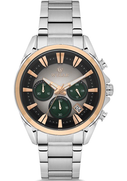 WEL2510-7 Erkek Kol Saati Kronometreli, Çelik Kasa Kordon, Su Geçirmez, Silver Gold Renk