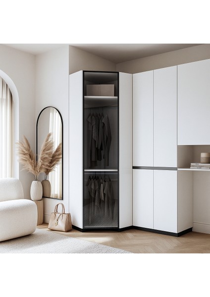 Floransa Alüminyum Cam Kapak Köşe Modül Beyaz-Antrasit Gardırop modelleri