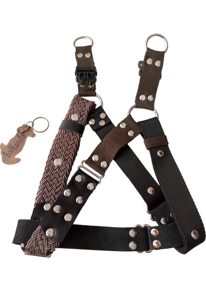 Köpek Göğüs Tasması Orta ve Büyük Irk Ayarlamalı Kolon Kordon ve Nubuk Deri Siyah ve Vizon