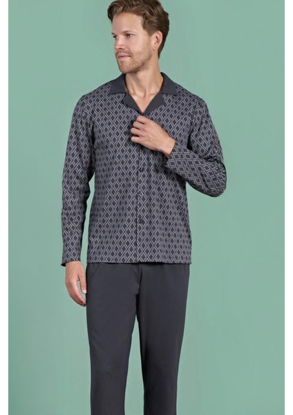 Erkek Uzun Kollu Önden Düğmeli Gömlek Yaka Geometrik Desenli Füme Renk Pijama Takımı C7T6N91