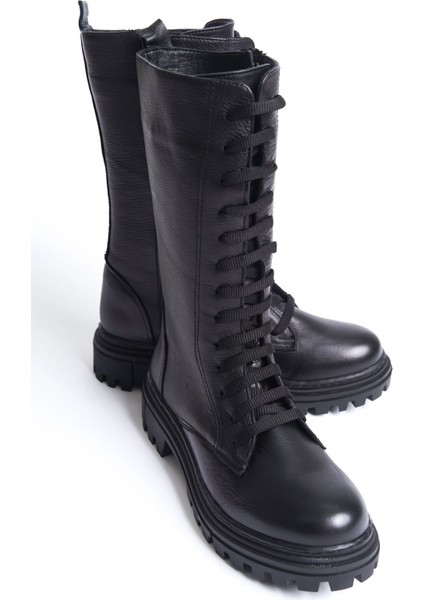 Hakiki Deri Yuvarlak Burunlu Bağcıklı ve Fermuarlı Uzun Postal