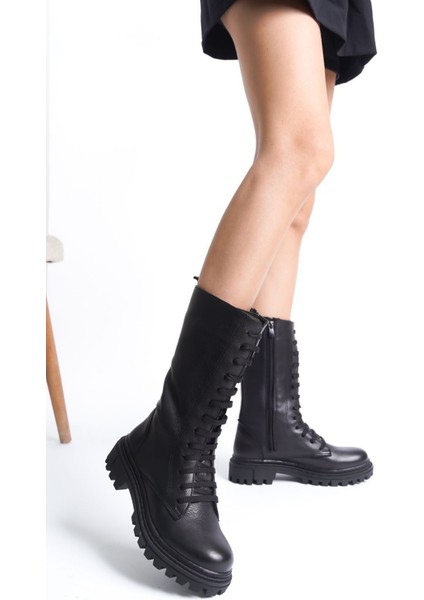 Hakiki Deri Yuvarlak Burunlu Bağcıklı ve Fermuarlı Uzun Postal