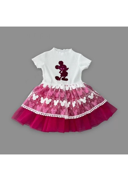 1-2-3 Yaş Payetli Mickey Baskılı Brode Etekli Kız Bebek Elbisesi Fuşya