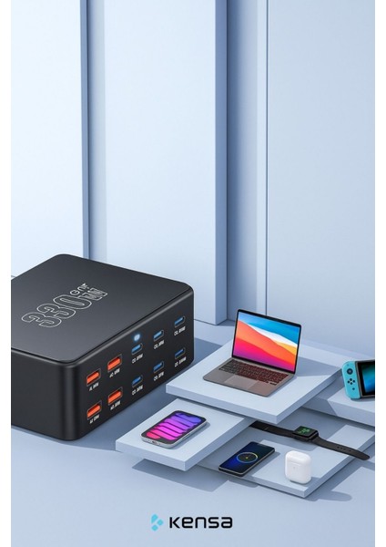 330W Gan3 Akıllı Çoklu Şarj Istasyonu | 10 Port Usb-C + Usb-A Hızlı Şarj Adaptörü modelleri