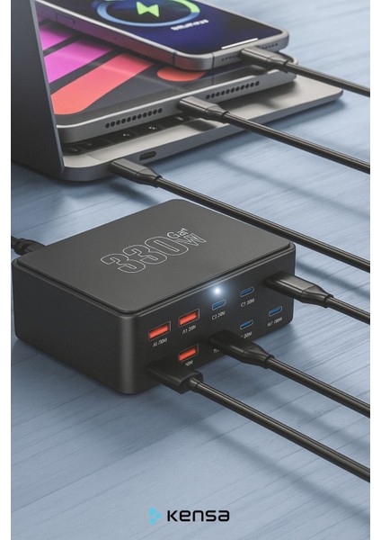 330W Gan3 Akıllı Çoklu Şarj Istasyonu | 10 Port Usb-C + Usb-A Hızlı Şarj Adaptörü fırsatları