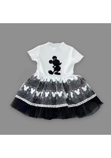 1-2-3 Yaş Payetli Mickey Baskılı Brode Etekli Kız Bebek Elbisesi Siyah fiyatları