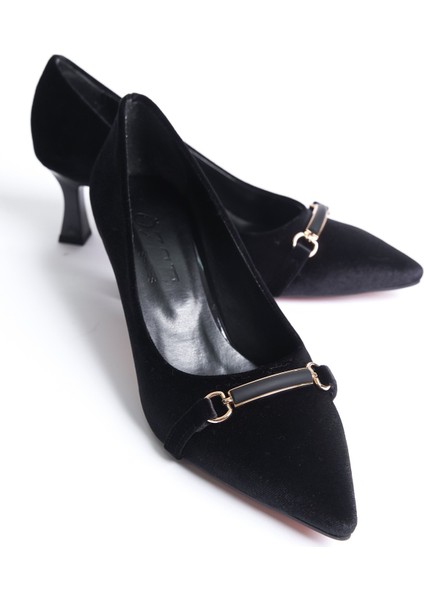 Siyah Kadife Toka Detaylı Yüksek Topuk Stiletto