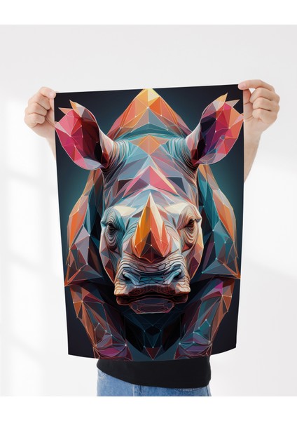 Çerçevesiz Poster | Canlı Renkli Geometrik Gergedan Posteri, Dijital Baskı Soyut,gergedan Temalı Poster