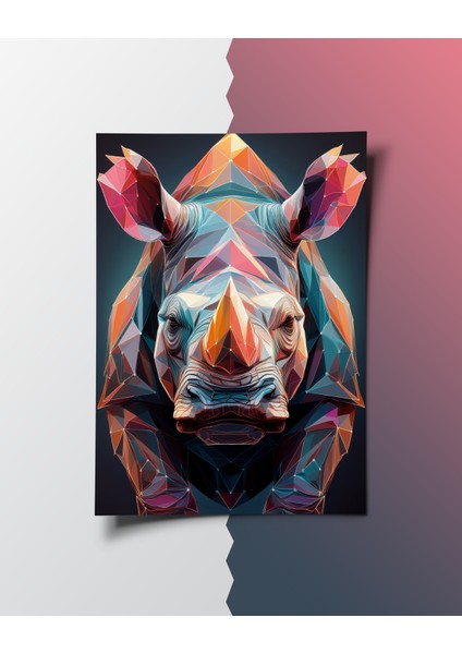 Çerçevesiz Poster | Canlı Renkli Geometrik Gergedan Posteri, Dijital Baskı Soyut,gergedan Temalı Poster fiyatları