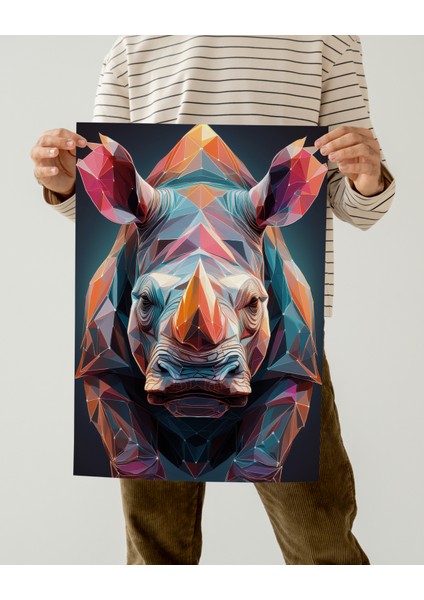 Çerçevesiz Poster | Canlı Renkli Geometrik Gergedan Posteri, Dijital Baskı Soyut,gergedan Temalı Poster indirimleri