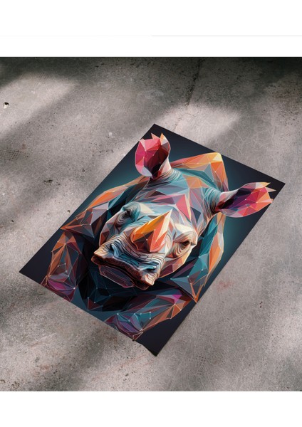 Çerçevesiz Poster | Canlı Renkli Geometrik Gergedan Posteri, Dijital Baskı Soyut,gergedan Temalı Poster