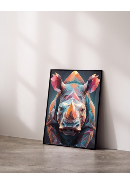 Çerçevesiz Poster | Canlı Renkli Geometrik Gergedan Posteri, Dijital Baskı Soyut,gergedan Temalı Poster