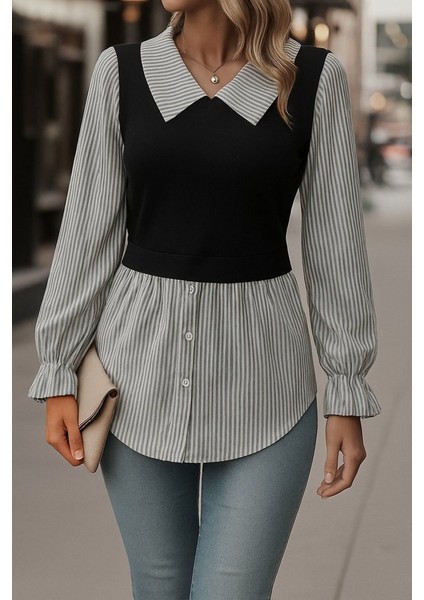 Kadın Uzun Kollu Yakalı Önden Düğmeli Ottoman Bluz