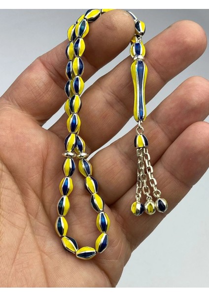 Mineli Sarı Lacivert Taraftar Tesbih - 925 Ayar Gümüş, El Işçiliği 24 Gram 20 cm