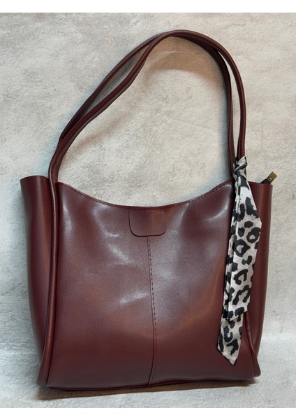 Bordo Suni Deri Omuz Askılı Fular Hediyeli Fermuarlı Büyük Boy Kadın Çanta