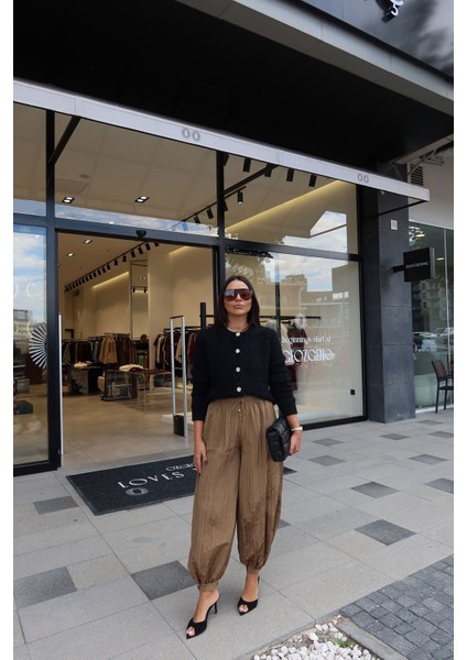 Beli Bağcıklı Kırışık Kumaş Şalvar Pantolon