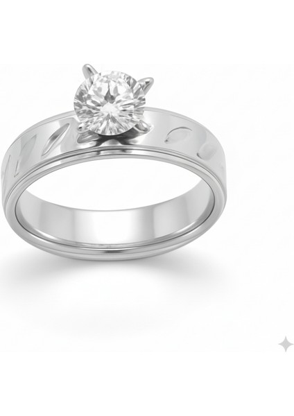 Gümüş Renk Zirkon Taşlı V Tasarım 316L Kalite Paslanmaz Çelik Kadın Tektaş Yüzük - 14 Ölçü