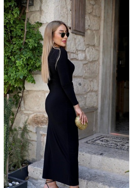 Kadın Uzun Kollu Önden Çapraz Detaylı Yandan Toka Detaylı Uzun Sandy Elbise modelleri