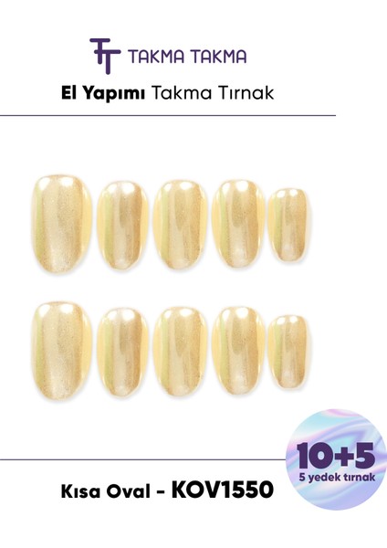 15'li Sarı Kısa Oval KOV1550 Tekrar Kullanılabilir El Yapımı Protez Takma Tırnak - Sarı-L