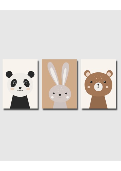 Çerçevesiz Poster | Çocuk Odası Hayvan Figürlü 3'lü Poster Seti |panda,tavşan,ayıcık,çocuk Odası Posteri