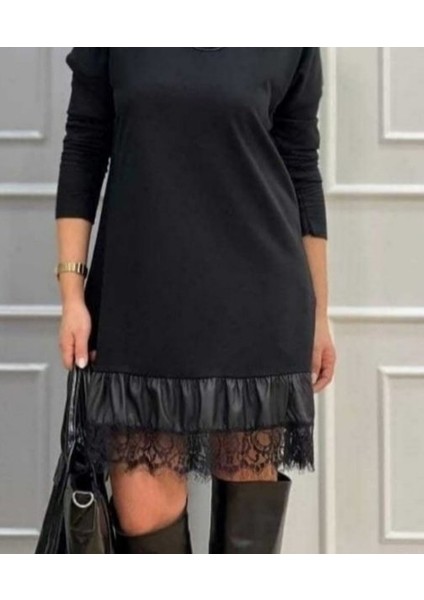 Kadın Uzun Kollu Bisiklet Yaka Etek Ucu Deri Dantelli Viskon Iki Iplik Midi Elbise modelleri