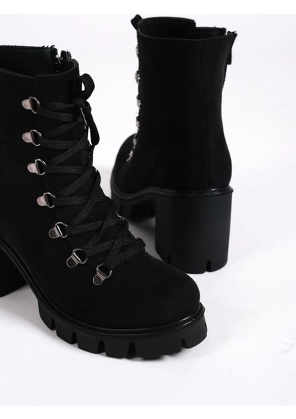 Emma Bağcıklı Fermuarlı Ortopedik Taban Topuklu Süet Kadın Bot Sst - Siyah indirimleri