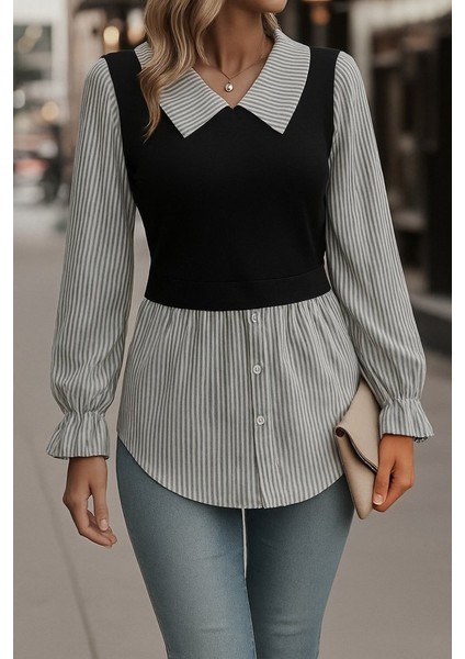 Kadın Uzun Kollu Yakalı Önden Düğmeli Ottoman Bluz modelleri