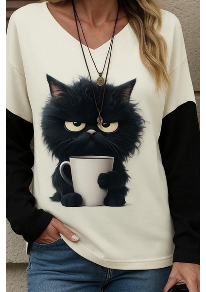 Kadın Uzun Kollu V Yakalı Kedi Baskılı Şardonlu Dalgıç Bluz fiyatları