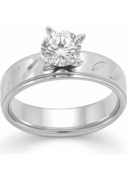 Gümüş Renk Zirkon Taşlı V Tasarım 316L Kalite Paslanmaz Çelik Kadın Tektaş Yüzük - 21 Ölçü