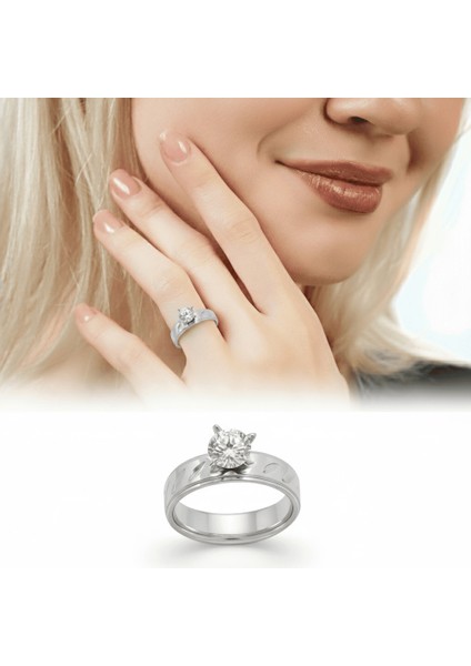 Gümüş Renk Zirkon Taşlı V Tasarım 316L Kalite Paslanmaz Çelik Kadın Tektaş Yüzük - 21 Ölçü fiyatları