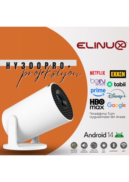 HY300PRO+ Akıllı Android 14 Projektör Wifi Bluetooth Hoparlör 180 Derece Dönebilen