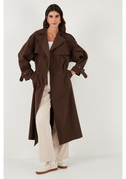 Pamuklu Oversize Kruvaze Yaka Kol Apoletli Rüzgarlıklı Trençkot Bayan Trençkot 6839637